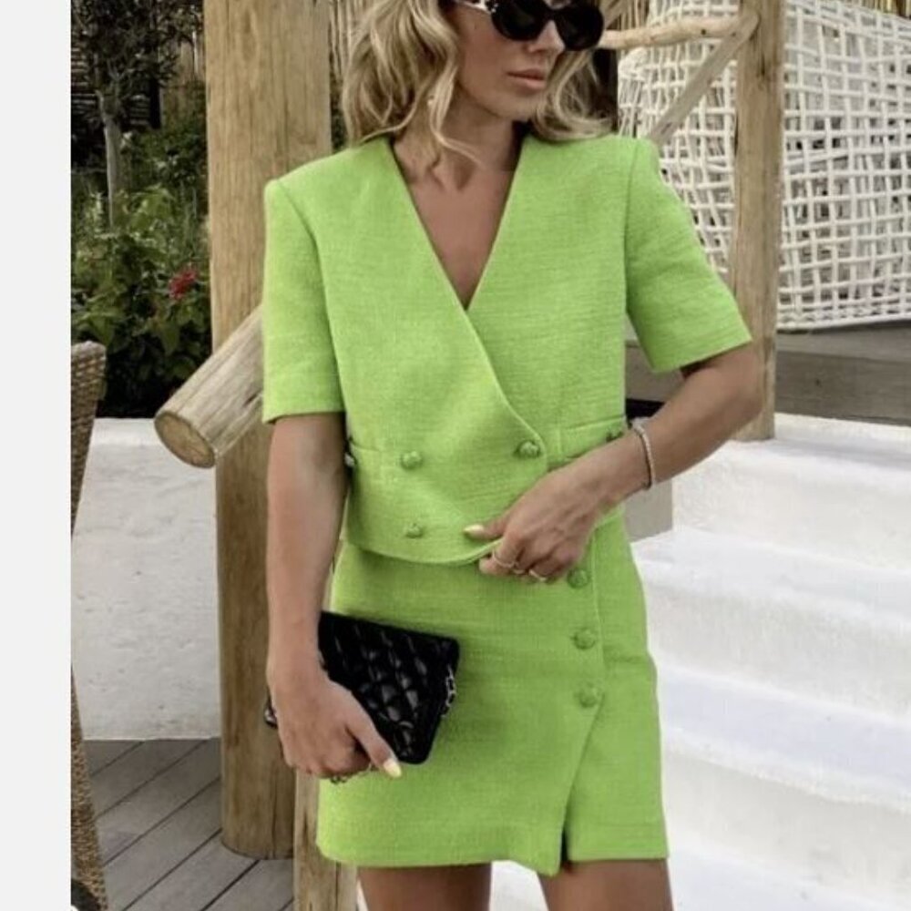 ZARA LIME GREEN TWEED TEXTURED CROPPED BLAZER 3053 811 509